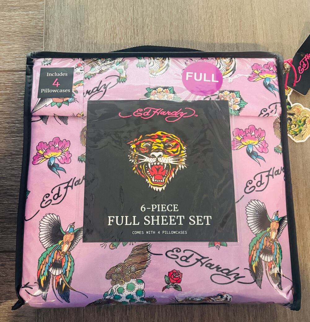 Ed‎ Hardy Full Size Sheet Set 6-Piece Purple Tiger Bird Print Bedding New